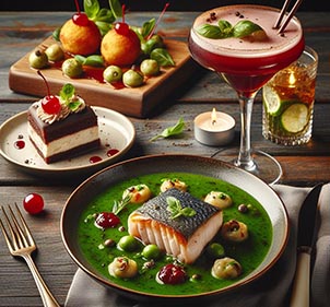 Un plato con merluza en salsa verde, otro plato con albóndigas, una copa con un cóctel y un bizcocho